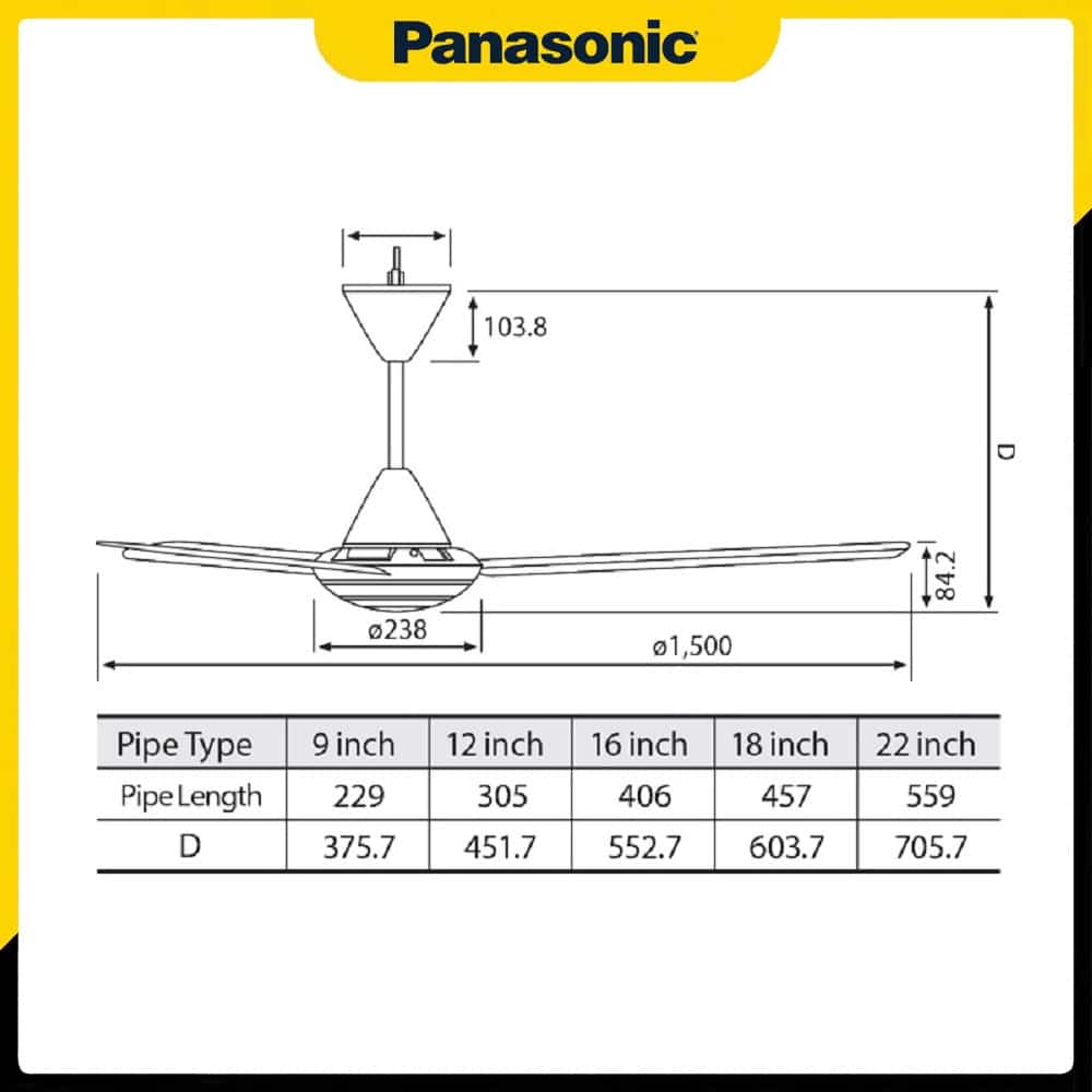 Bản vẽ kích thước của Quạt trần 3 cánh Panasonic màu trắng F-60MZ2-L