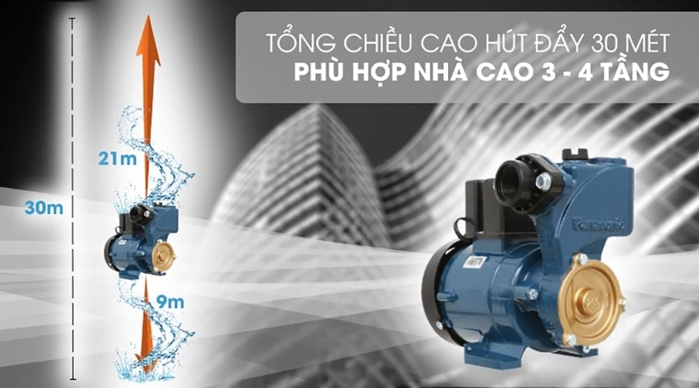 Tổng chiều cao hút đẩy tối đa của Máy bơm đẩy cao Panasonic GP-200JXK-NV5 là 30 mét
