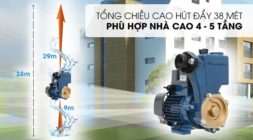 Nhờ chiều cao hút đẩy lên đến 38 mét nên Máy bơm nước Panasonic 250W phù hợp với nhà cao 4-5 tầng