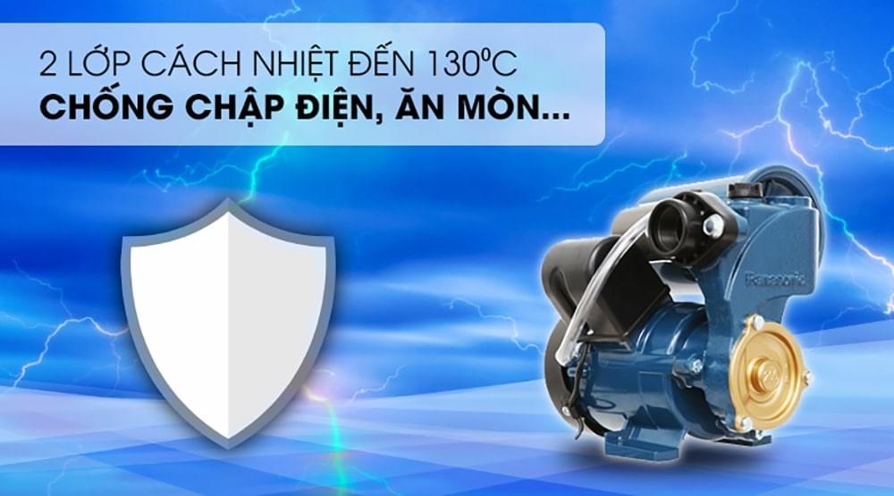 Máy bơm tăng áp Panasonic 200W A-200JAK có 2 lớp cách nhiệt lên đến 130 độ C giúp chống chập điện