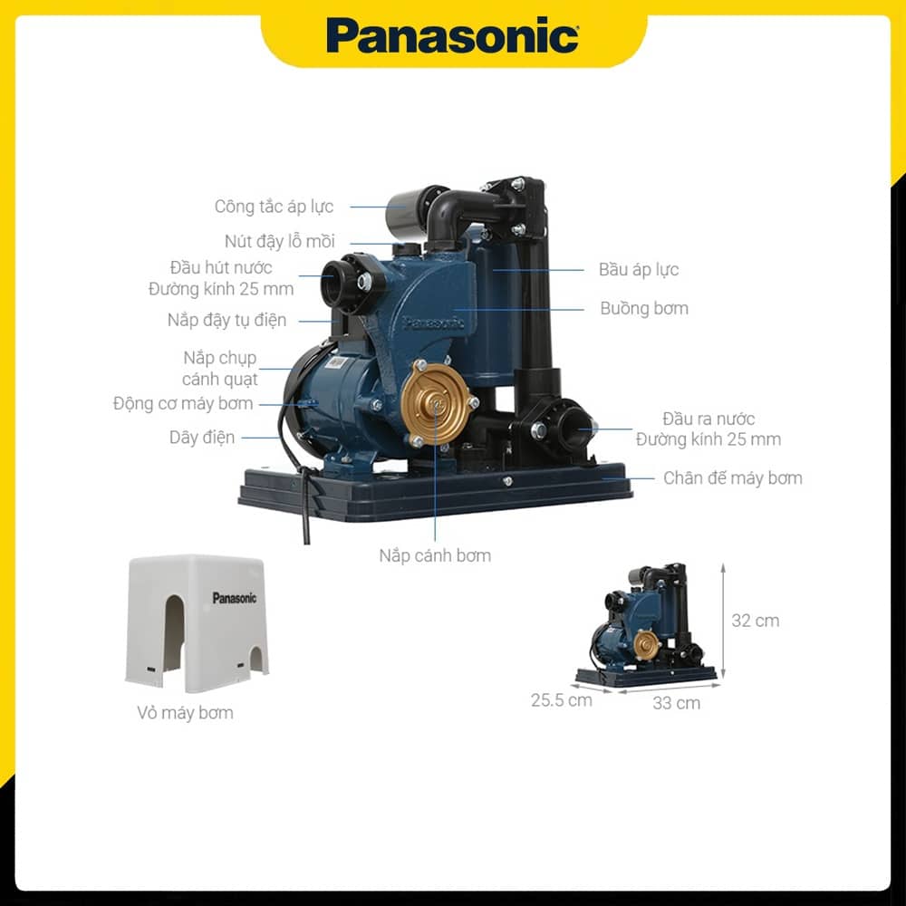 Cấu tạo và kích thước của Máy bơm tăng áp Panasonic A-130JACK