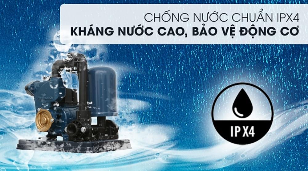 Máy bơm nước Panasonic A-130JACK được trang bị chuẩn chống nước IPX4 giúp kháng nước và bảo vệ động cơ