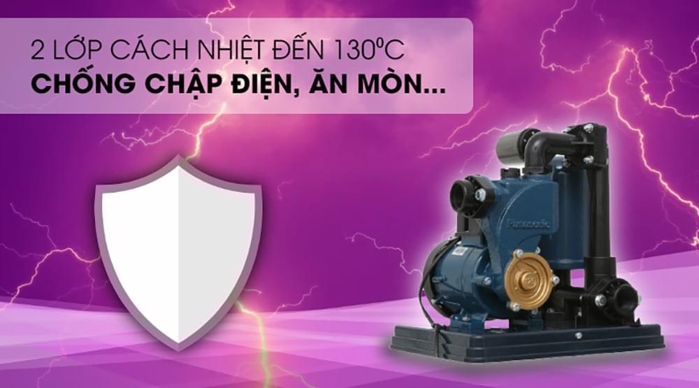 Máy bơm nước Panasonic A-130JACK có khả năng chống chập điện và ăn mòn nhờ 2 lớp cách điện đến 130 độ C