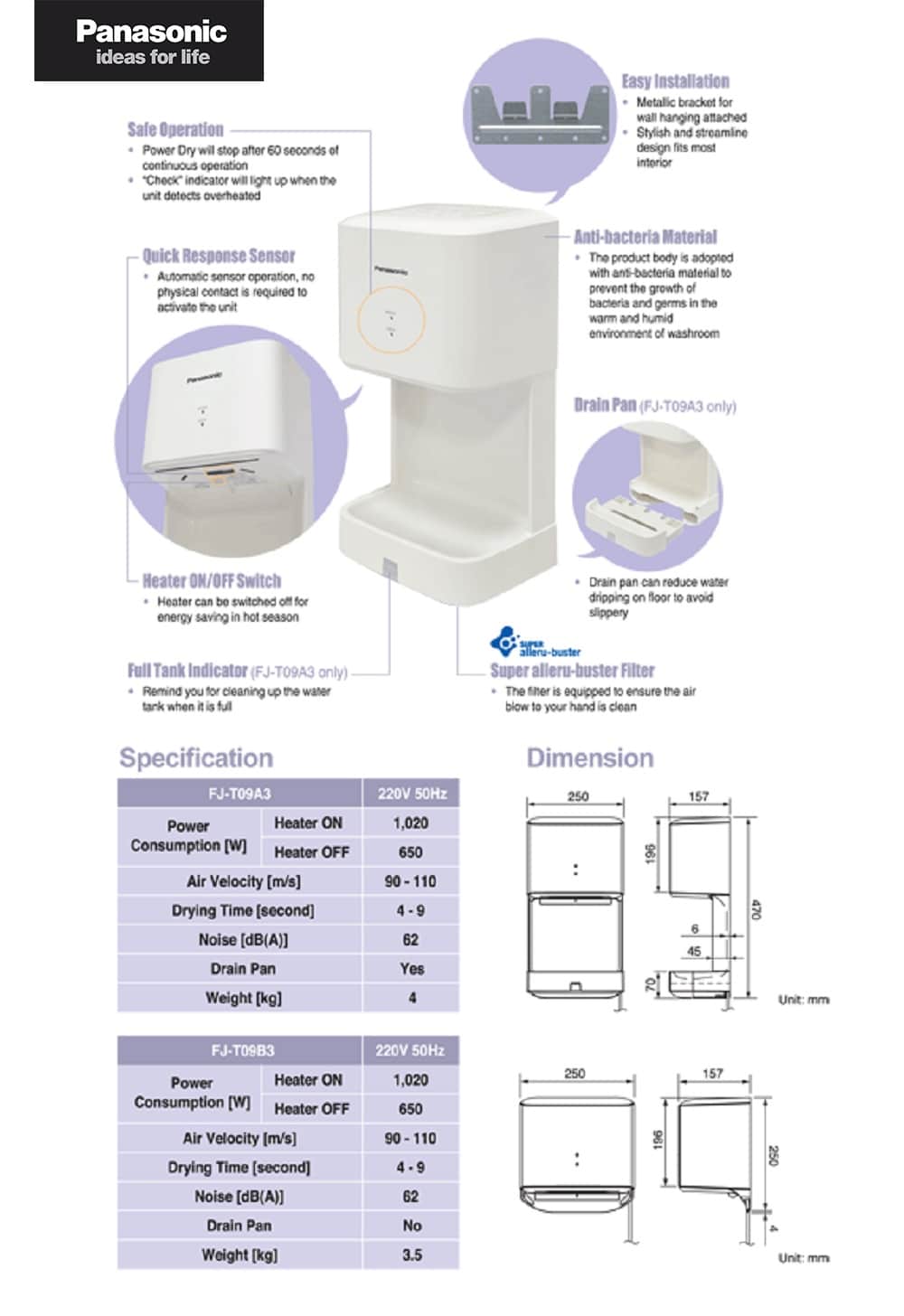 Ưu điểm nổi bật của Máy sấy khô tay Panasonic FJ-T09B3
