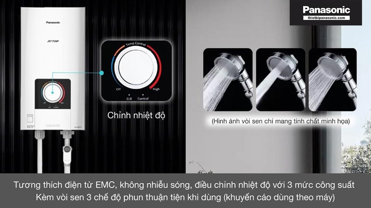 Máy nước nóng Panasonic DH-4NTP1VM sở hữu vòi sen 3 chế độ thuận tiện khi dùng, đồng thời tương thích điện từ EMC không nhiễu sóng, dễ dàng với núm xoay điều chỉnh nhiệt độ vô cấp