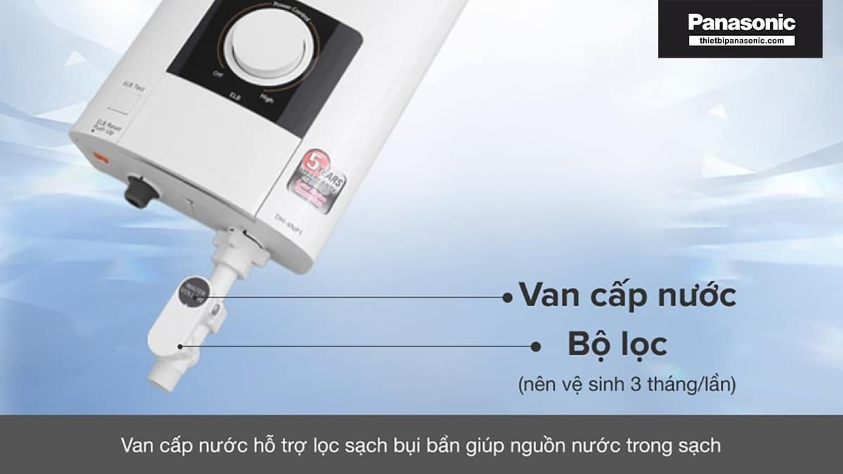 Van cấp nước của Bình nước nóng trực tiếp Panasonic DH-4NTP1VM hỗ trợ lọc sạch bụi bẩn có hại giúp nguồn nước trong sách, đảm bảo sức khỏe người sử dụng