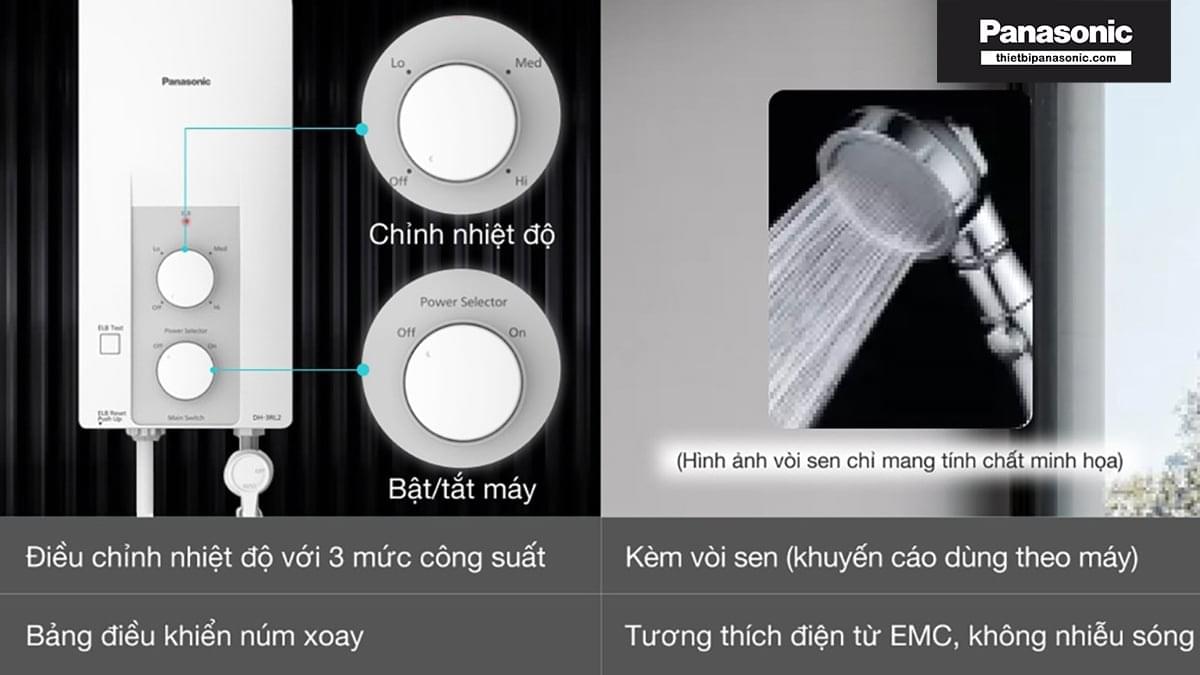 Máy nước nóng trực tiếp Panasonic DH-3RL2VH với bảng điều khiển núm xoay có thể điều chỉnh nhiệt độ với 3 mức công suất.
