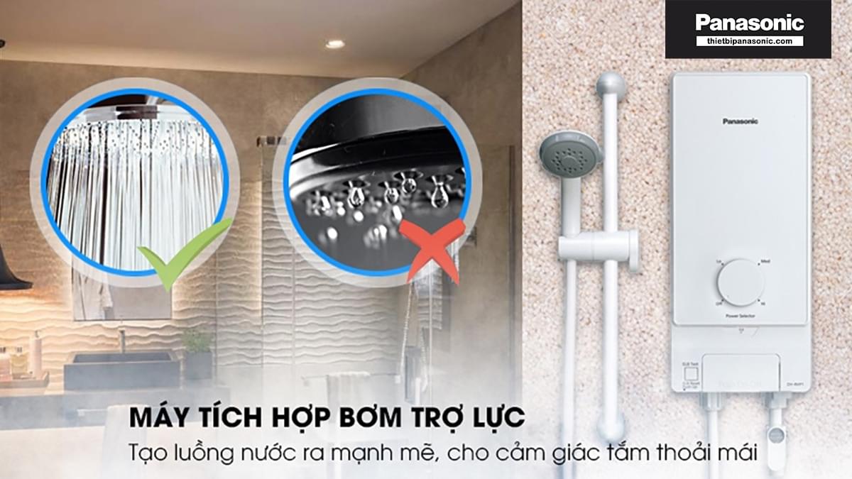 Máy nước nóng Panasonic DH-4MS1VW được tích hợp bơm trợ lực giúp tạo luồng nước ra mạnh mẽ, cho cảm giác tắm thoải mái