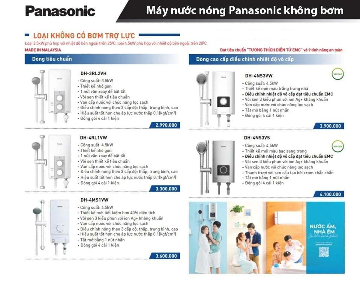 Bảng giá máy nước nóng Panasonic không bơm