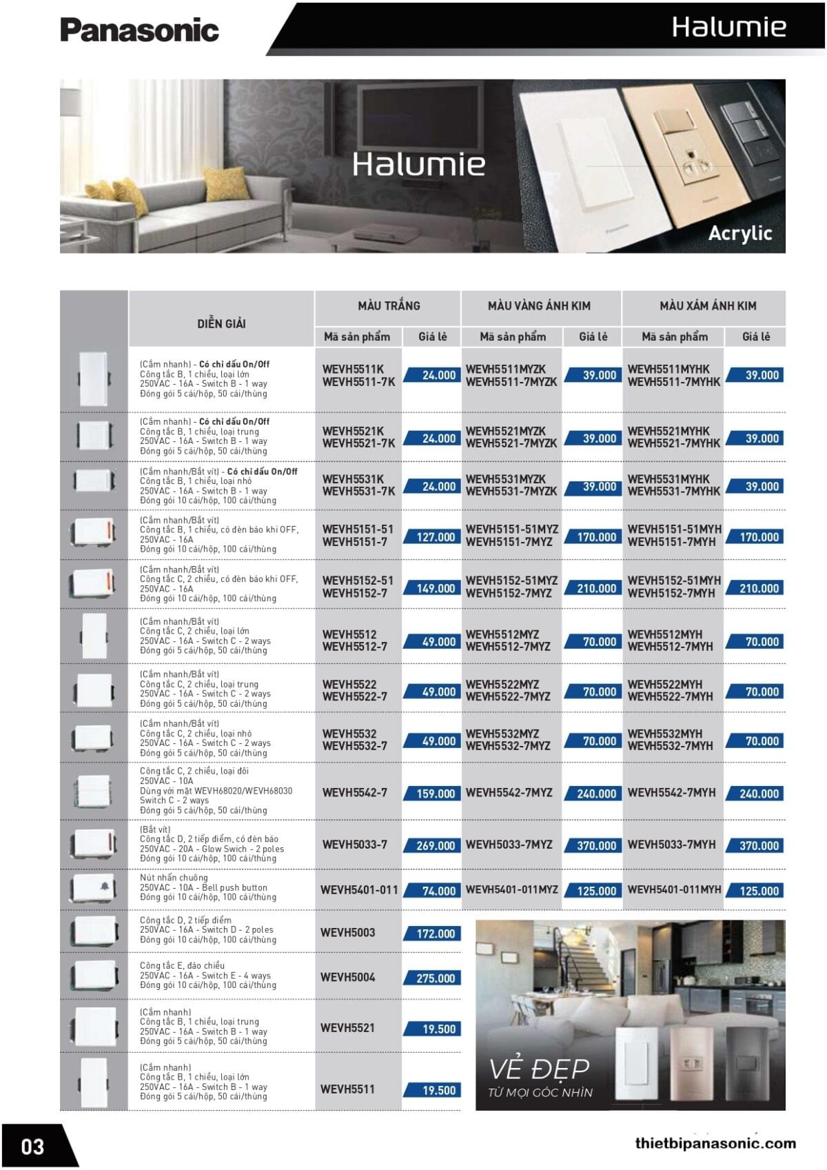Bảng giá Công tắc điện Panasonic Halumie