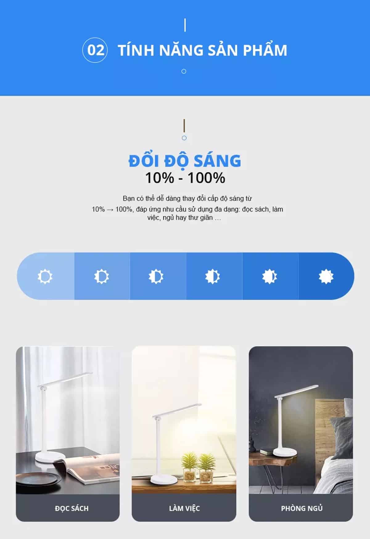 Đèn bàn LED Panasonic HHGLT034188 có thể đổi độ sáng linh hoạt từ 10% đến 100% với 6 cấp độ sáng khác nhau