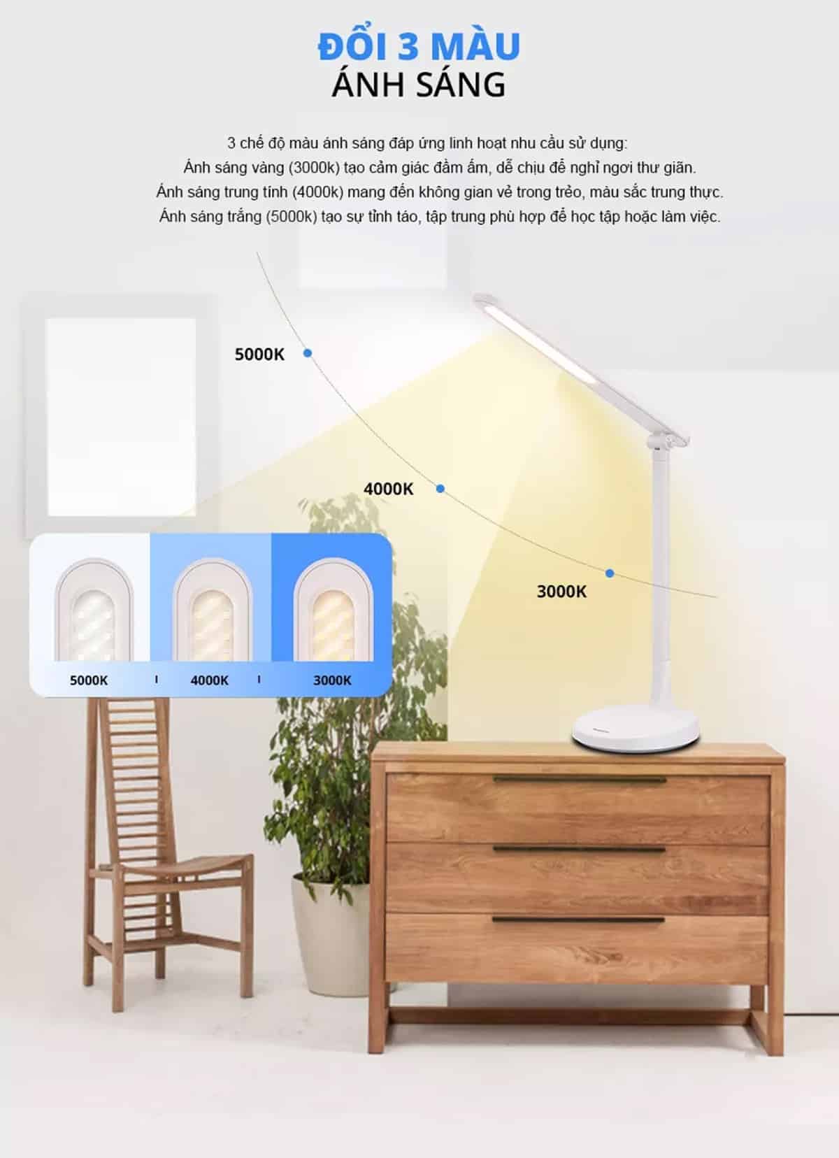 Đèn bàn Panasonic HHGLT034188 với 3 màu ánh sáng đáp ứng linh hoạt nhu cầu sử dụng