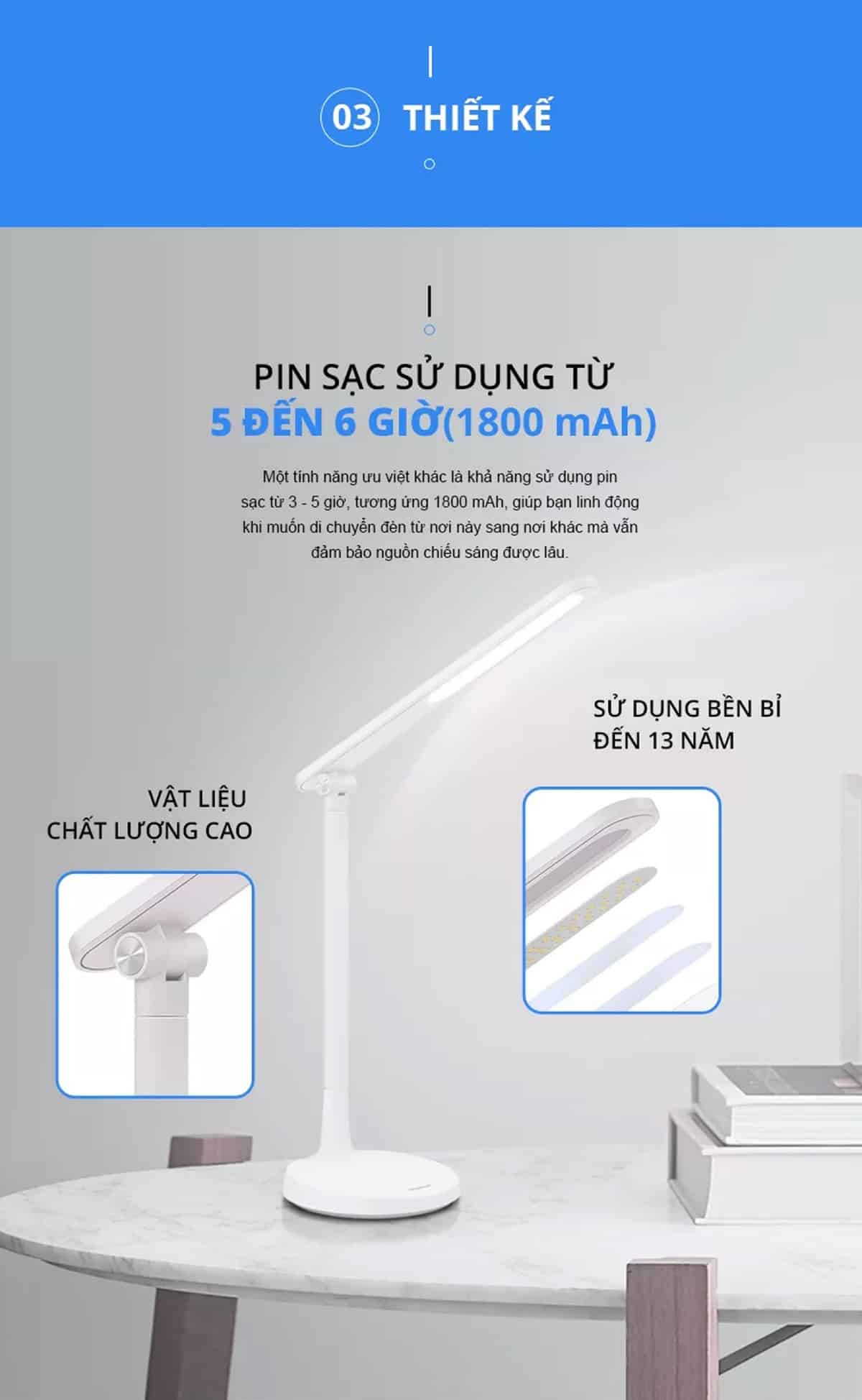 Đèn bàn Panasonic HHGLT034188 có dung lượng pin 1800mAh cho thời gian sử dụng 5-6 giờ