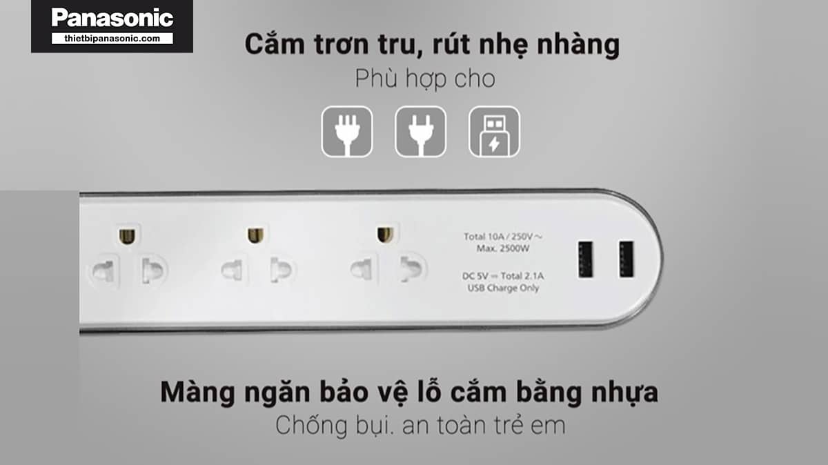 Ổ cắm điện có dây Panasonic WCHG243322W-VN có màng che giúp chống bụi và bảo đảm an toàn khi sử dụng nhất là trẻ em