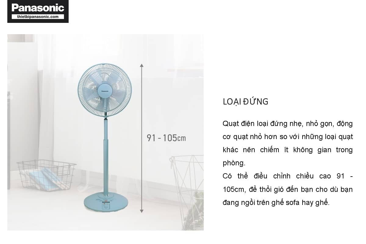 Quạt cây Panasonic F-308NHB có dạng đứng dễ dàng điều chỉnh độ cao