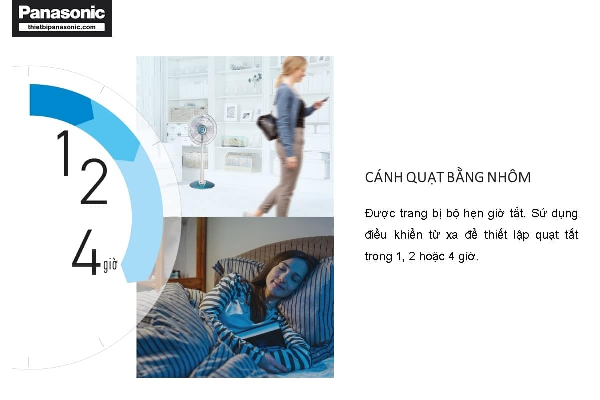 Quạt cây Panasonic F-308NHB có cánh quạt bằng nhôm và được trang bị điều khiển từ xa giúp dễ dàng điều khiển cũng như hẹn giờ cho