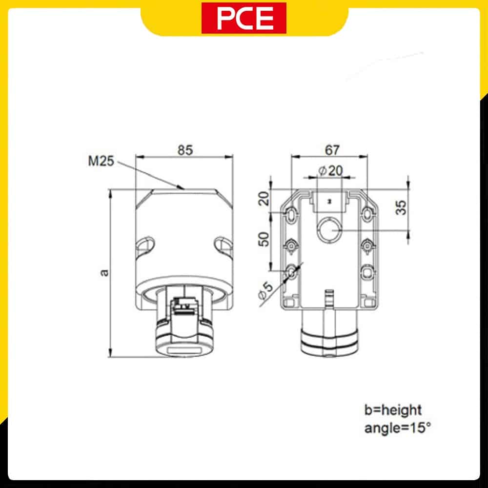 Bản vẽ kích thước của Ổ cắm công nghiệp 1 pha 32A PCE F123-6