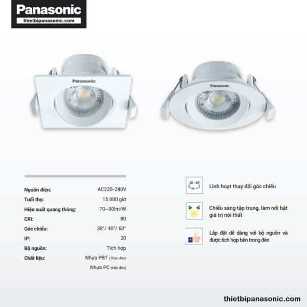 Đèn âm Trần Chỉnh Góc Panasonic 7W Vuông Góc Chiếu 38°/60°