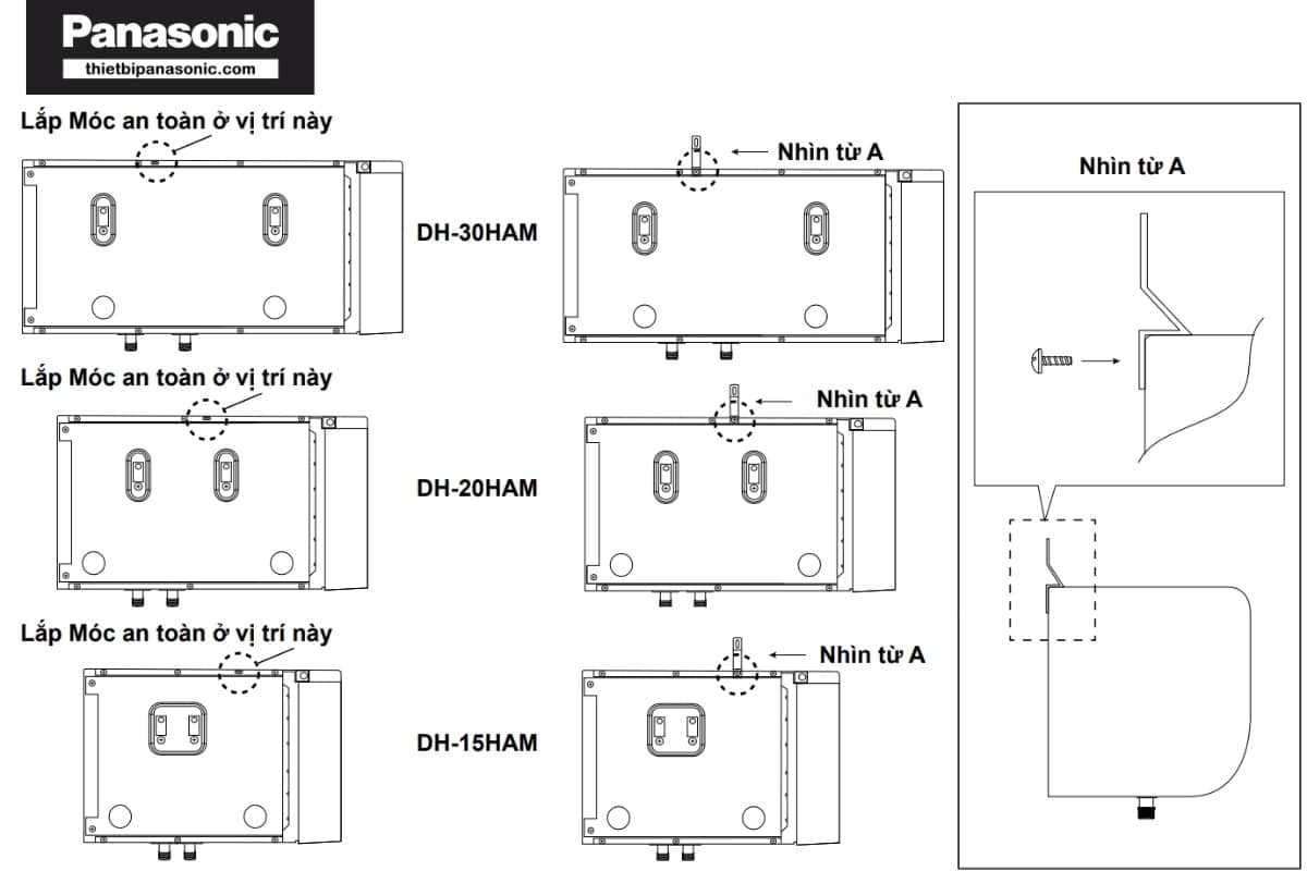 Bắt vít Móc an toàn ở mặt sau của thiết bị bằng Ốc vít A được cung cấp kèm theo trong Túi linh kiện. Tham khảo vị trí bên dưới.