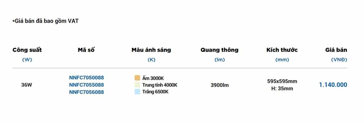 Catalogue Đèn LED Panel 600x600 36W Panasonic NNFC7050088 (ánh sáng vàng), NNFC7055088 (ánh sáng trung tính), NNFC7056088 (ánh sáng trắng)