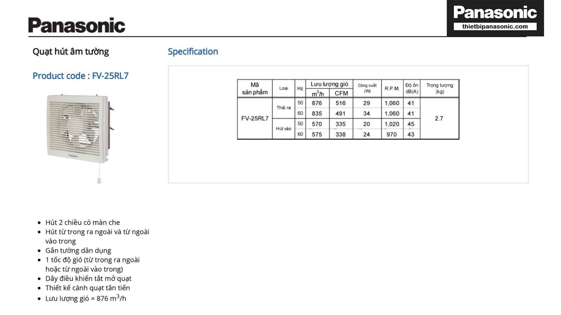 Thông số kỹ thuật của Quạt hút gắn tường 2 chiều Panasonic FV-25RL1 30x30cm 29W có màn che