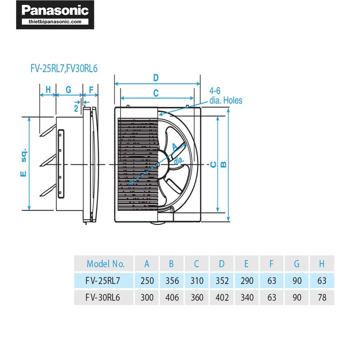 Bản vẽ kỹ thuật của Quạt thông gió gắn tường 2 chiều Panasonic FV-25RL1 30x30cm 29W