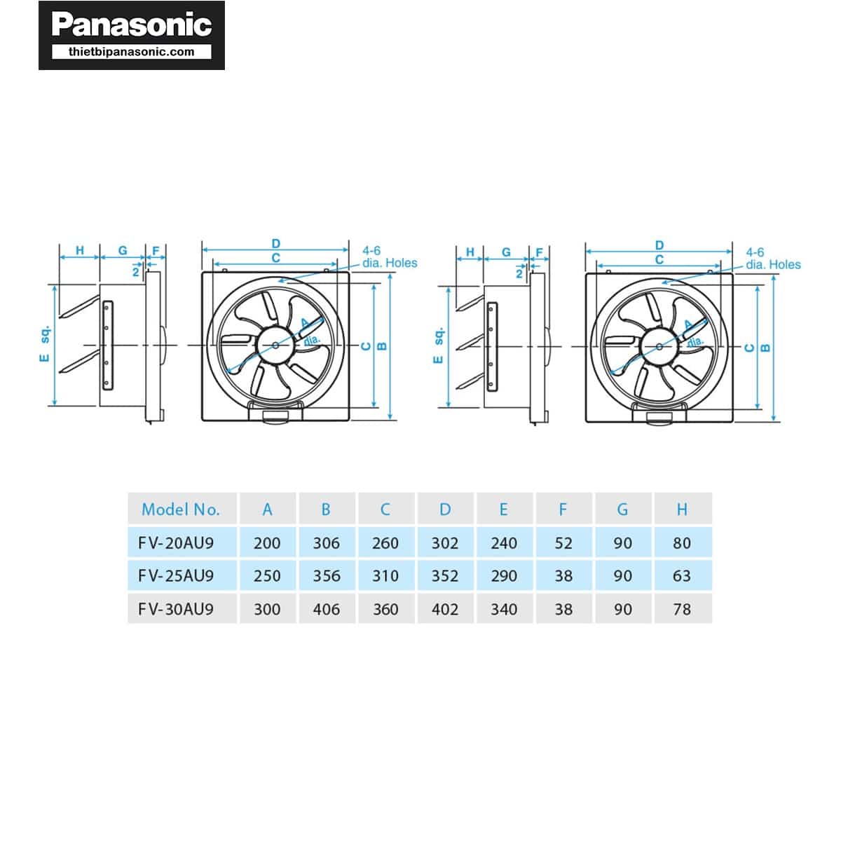 Bản vẽ kỹ thuật của Quạt hút âm tường 1 chiều Panasonic FV-20AU9 25x25cm 20W không có màn che