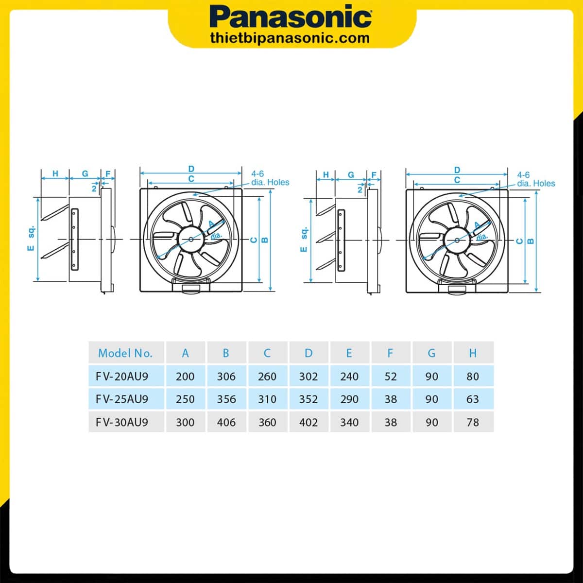 Bản vẽ kỹ thuật của Quạt thông gió âm tường Panasonic FV-30AU9 1 chiều 35x35cm 31W không có màn che