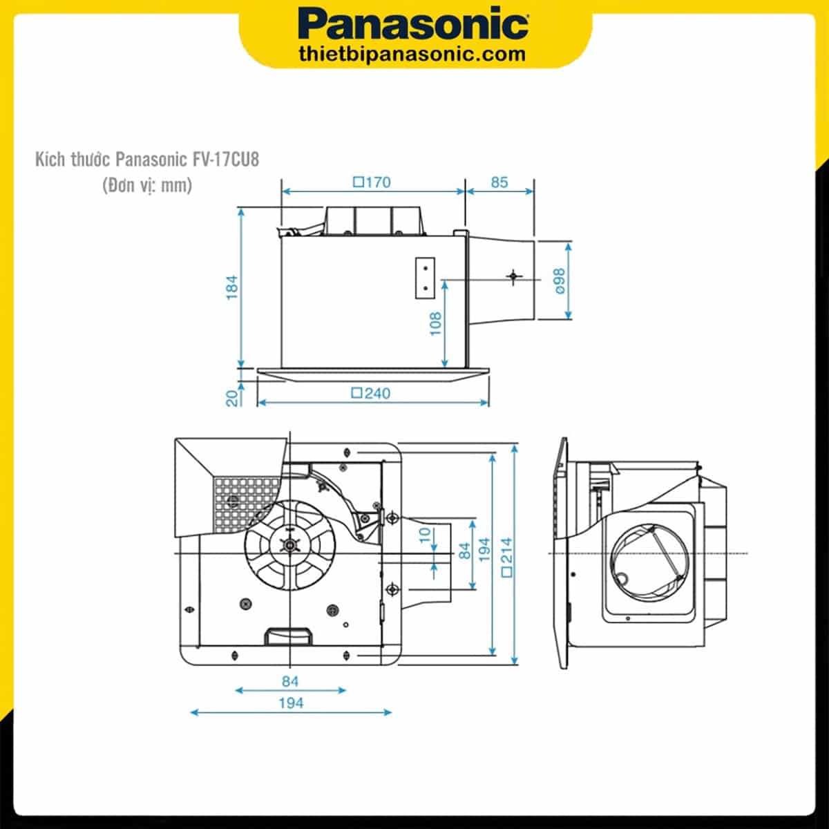 Bản vẽ kích thước của Quạt hút âm trần Panasonic FV-17CU8 7.5W có ống nối gió