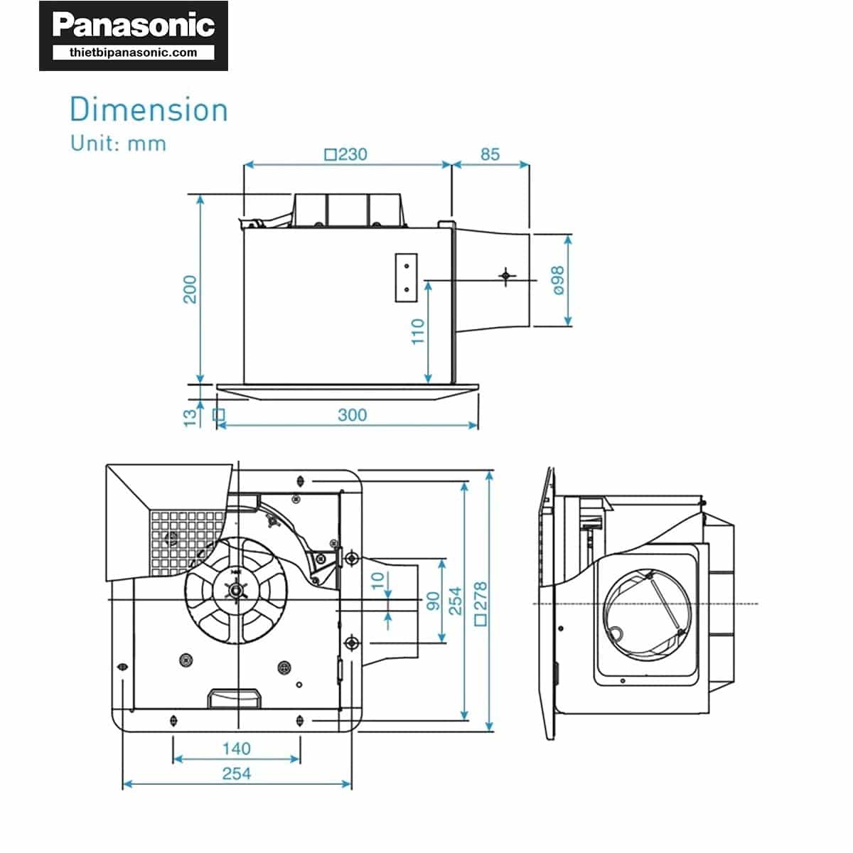 Bản vẽ kích thước của Quạt hút âm trần Panasonic FV-24CU8 10.5W có ống nối gió