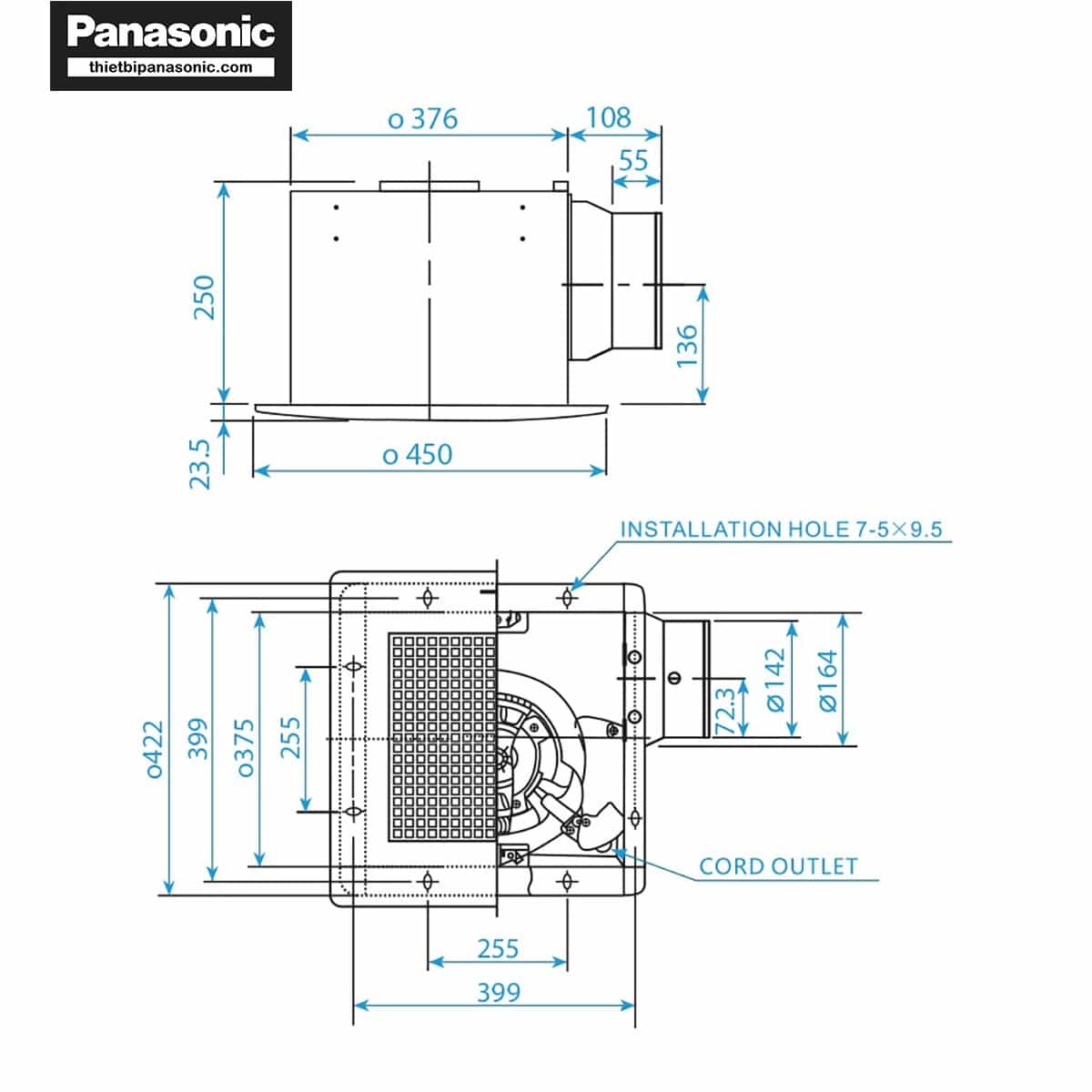 Bản vẽ kích thước của Quạt hút âm trần Panasonic FV-38CH8