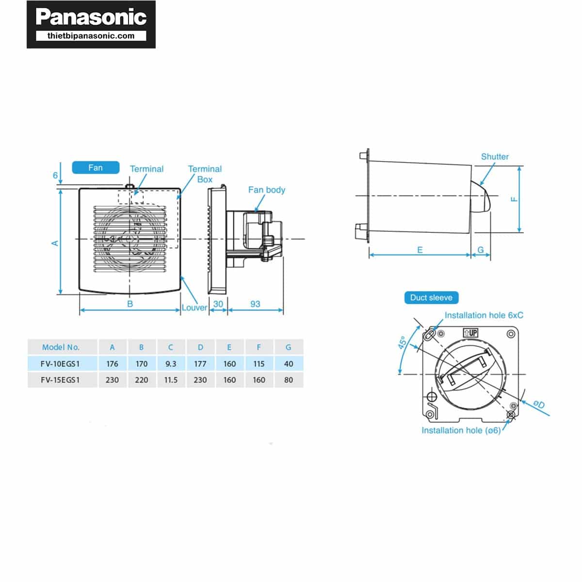 Bản vẽ kỹ thuật của Quạt hút mùi nhà vệ sinh Panasonic FV-10EGS1
