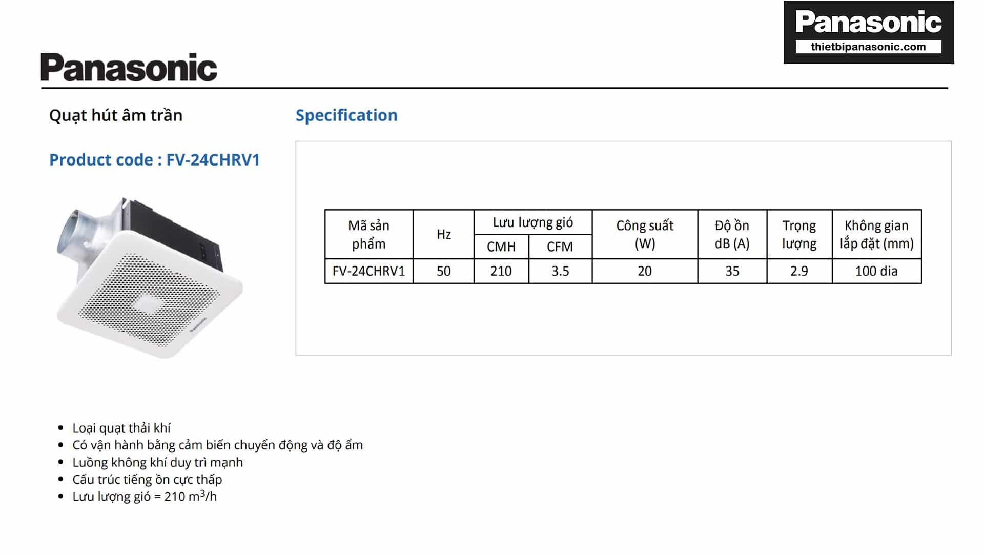 Thông số kỹ thuật của Quạt hút âm trần Panasonic FV-24CHRV2 17W có cảm biến chuyển động và độ ẩm