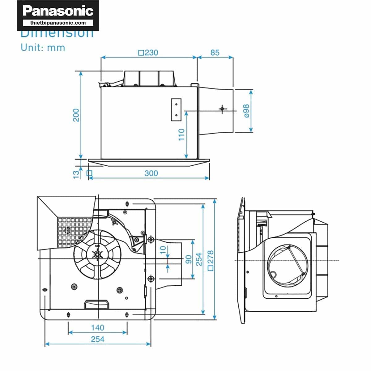 Bản vẽ kích thước của Quạt hút âm trần Panasonic FV-24CHRV2 17W có cảm biến chuyển động và độ ẩm