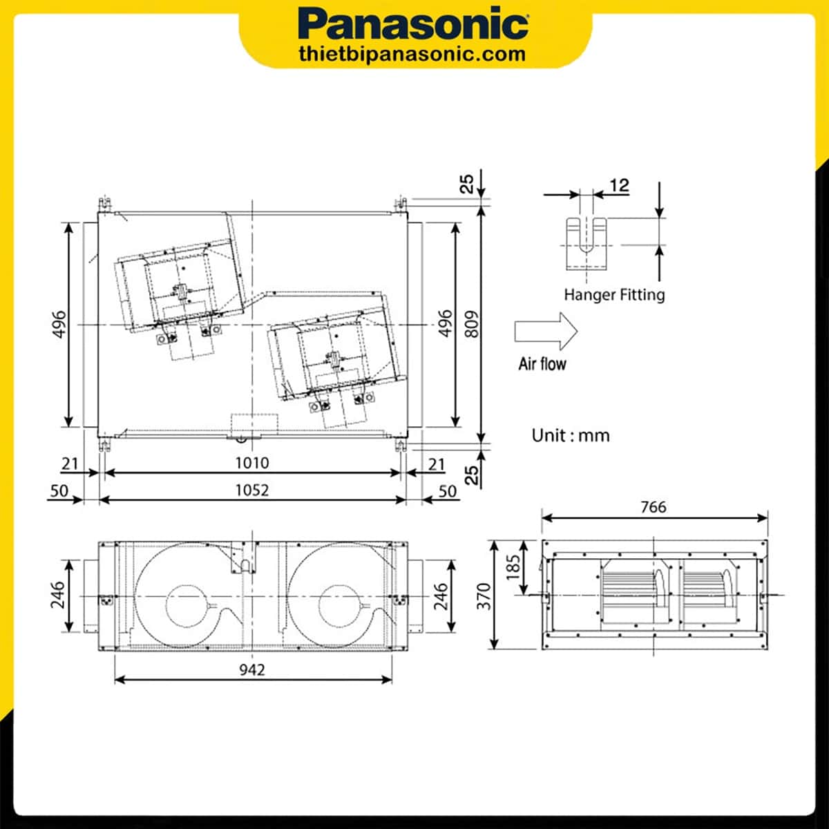 Bản vẽ kích thước của Quạt hút Cabinet 3 pha Panasonic FV-25SM3