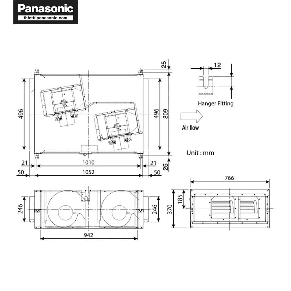 Bản vẽ kích thước của Quạt hút Cabinet 3 pha Panasonic FV-25SM3