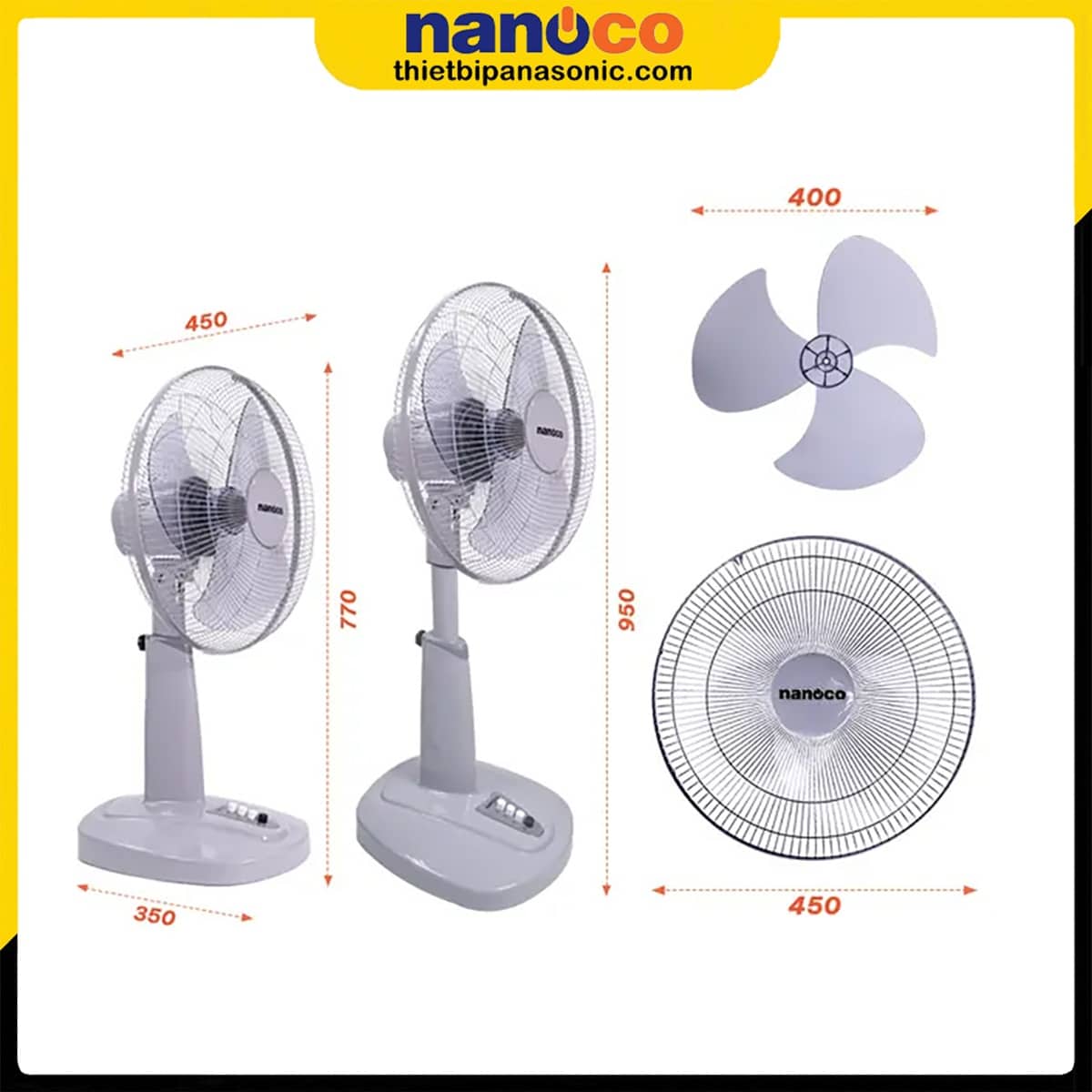 Kích thước từng bộ phận của Quạt đứng Nanoco NLF1621