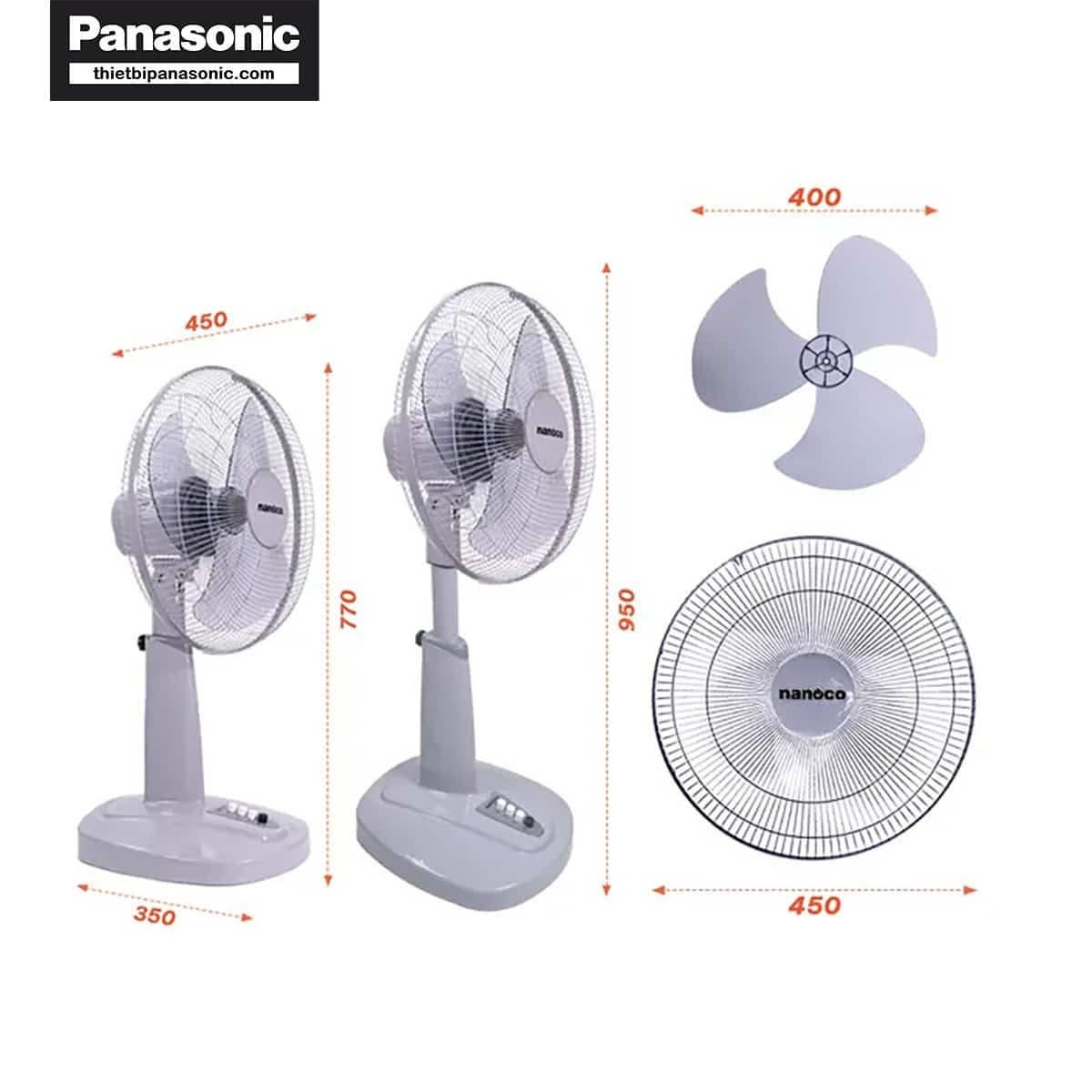 Kích thước từng bộ phận của Quạt đứng Nanoco NLF1621