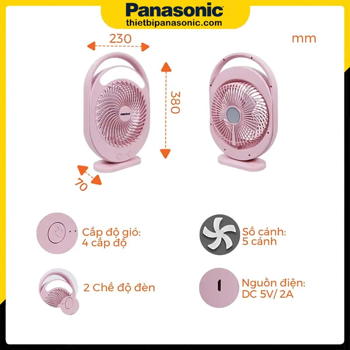 Kích thước của Quạt sạc điện Nanoco NRF6310P màu hồng