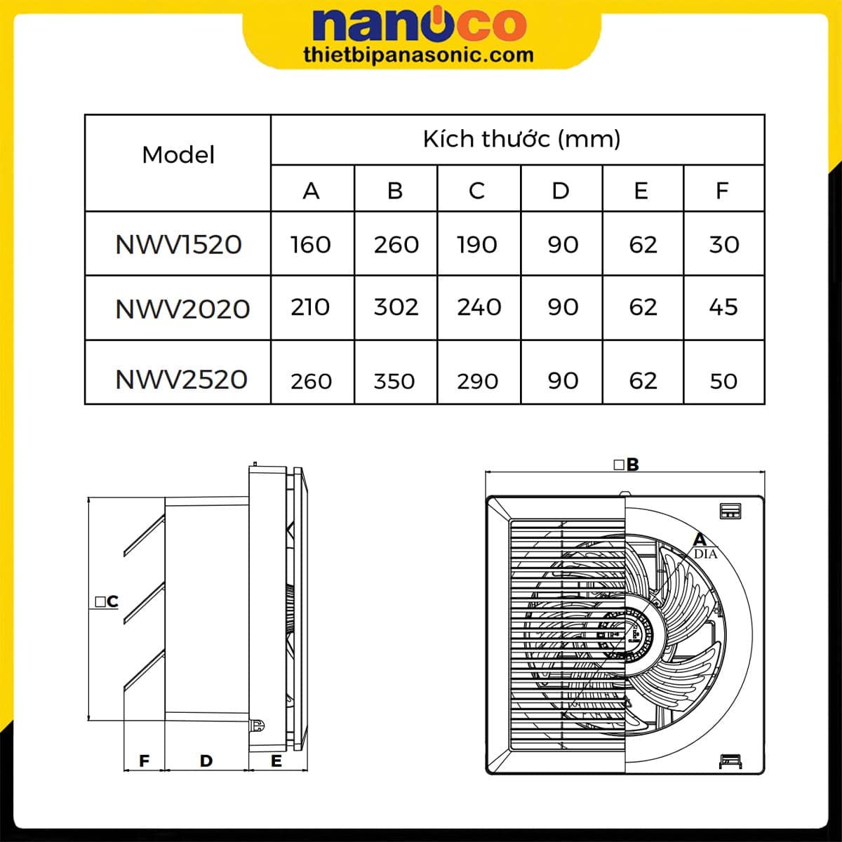 Kích thước của Quạt hút âm tường Nanoco NWV2020