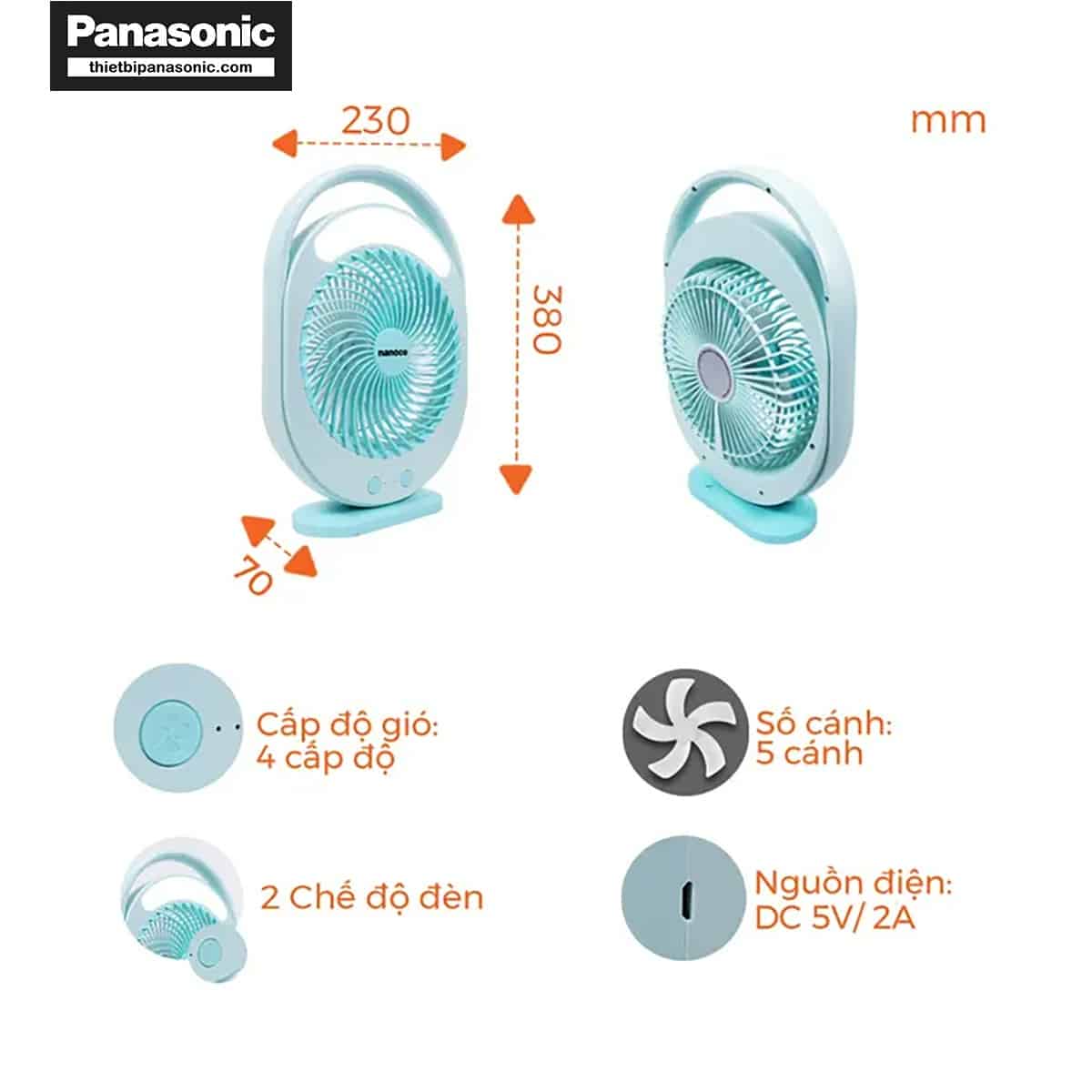 Kích thước của Quạt sạc điện Nanoco NRF6310B màu xanh