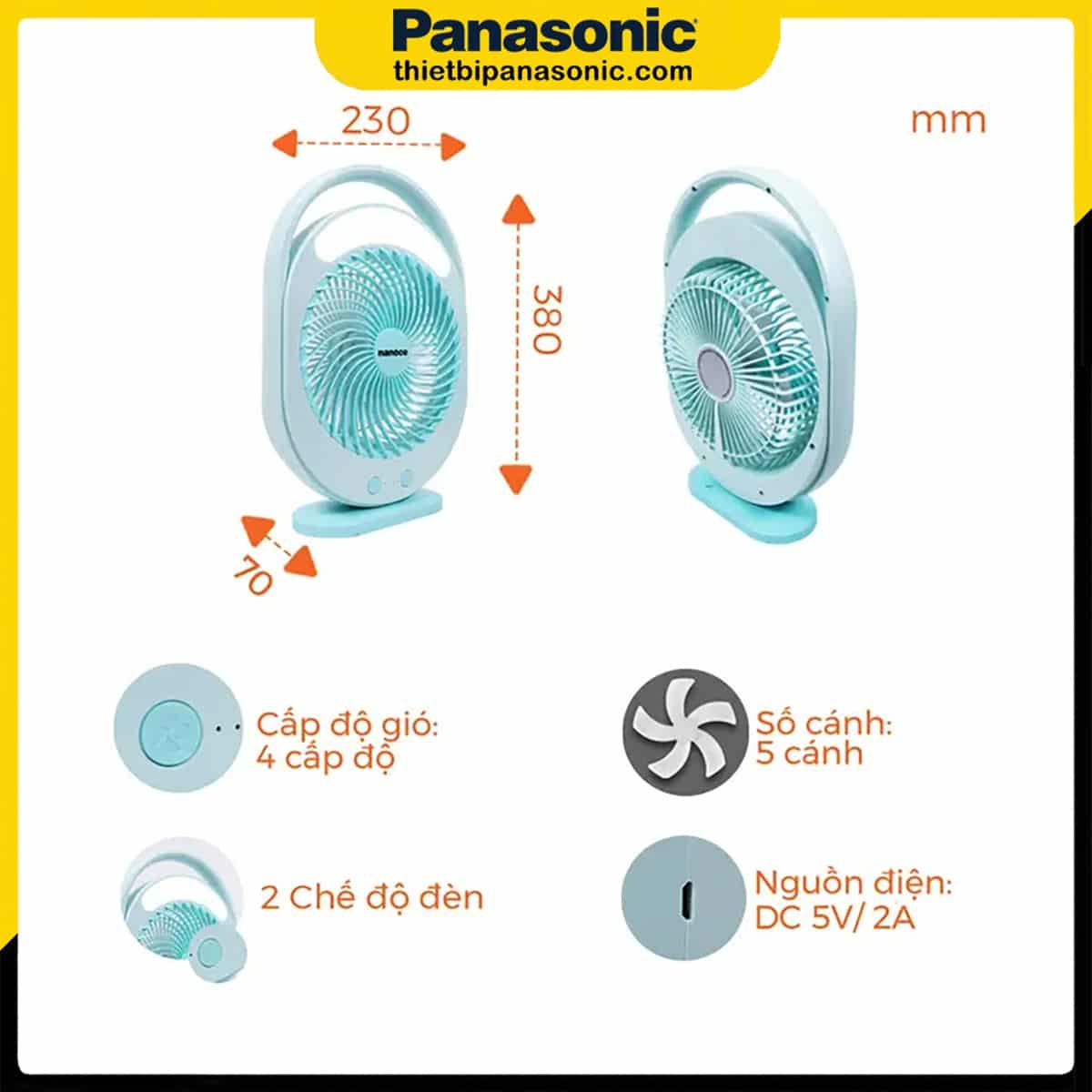 Kích thước của Quạt sạc điện Nanoco NRF6310B màu xanh
