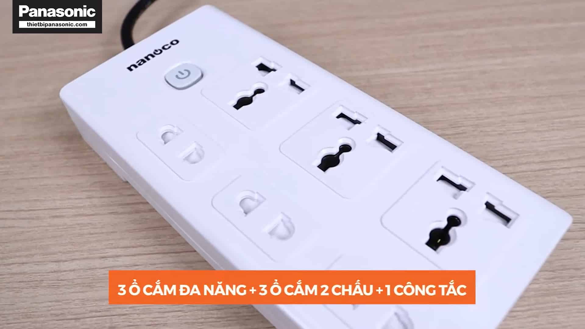 Ổ cắm có dây Nanoco NES3332-3 gồm 3 ổ cắm 2 chấu và 3 ổ cắm đa năng cùng 1 công tắc tiện lợi