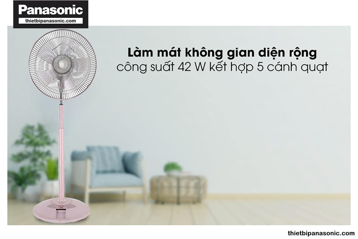 Quạt cây Panasonic F-308NHP giúp làm mát không gian diện rộng với công suất 42W cùng 5 cánh quạt sải cánh rộng