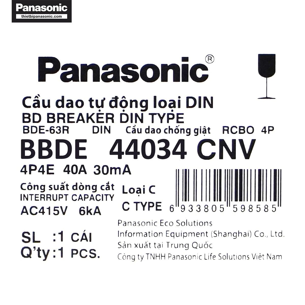 Thông số sản phẩm trên hộp đựng của RCBO Panasonic 40A 4P 30mA BBDE44034CNV