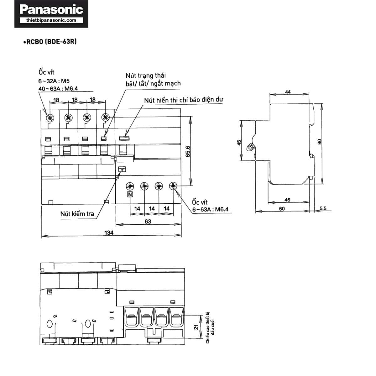 Bản vẽ kỹ thuật của RCBO 40A 4P 30mA BBDE44034CNV