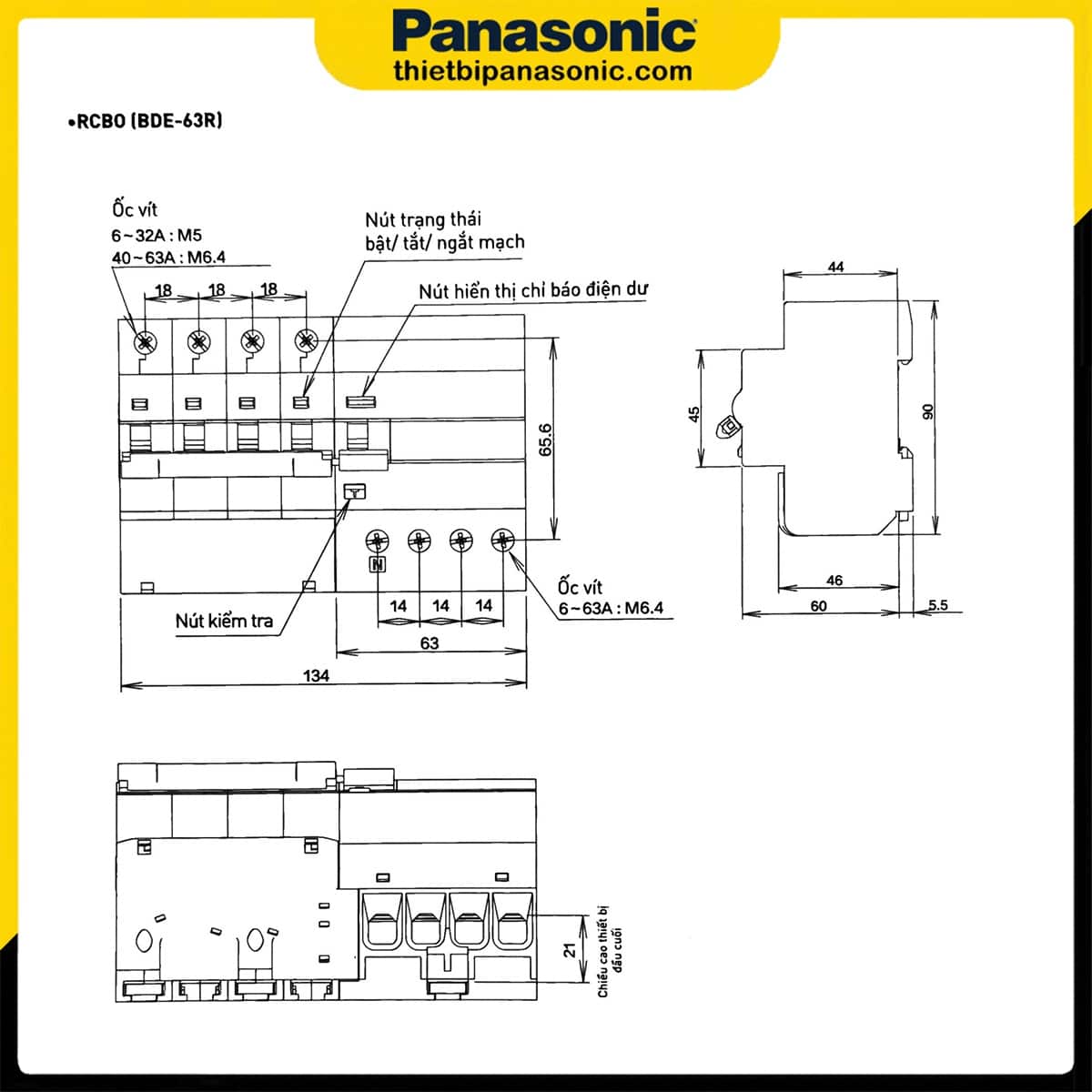 Bản vẽ kỹ thuật của RCBO 63A 4P 30mA BBDE46334CNV