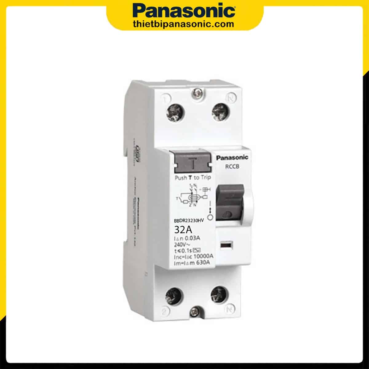 Mặt trước của RCCB Panasonic 32A 2P BBDR23230HV với đầy đủ thông tin quan trọng của sản phẩm