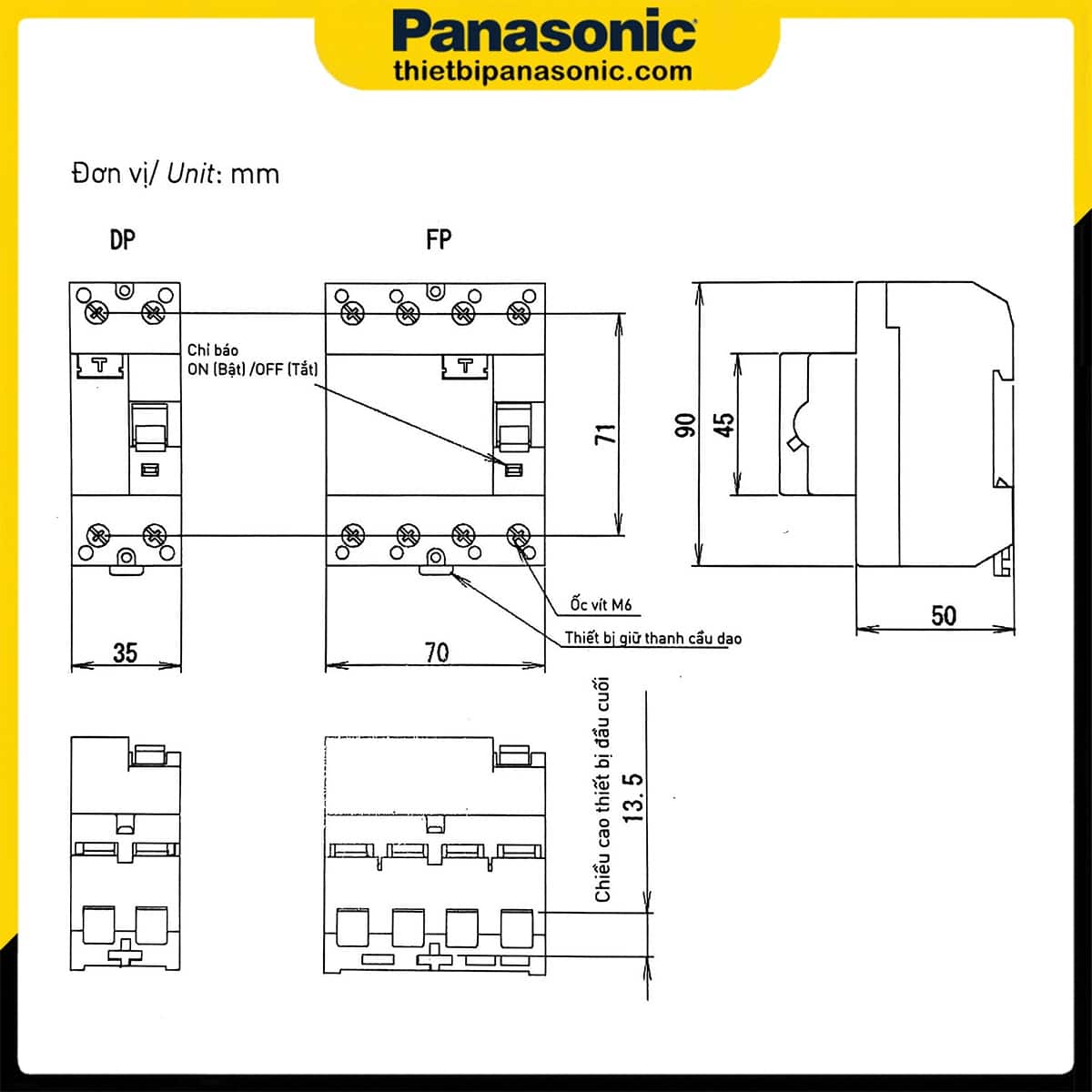 Bản vẽ kích thước chi tiết của RCCB Panasonic 40A 2P BBDR24030HV
