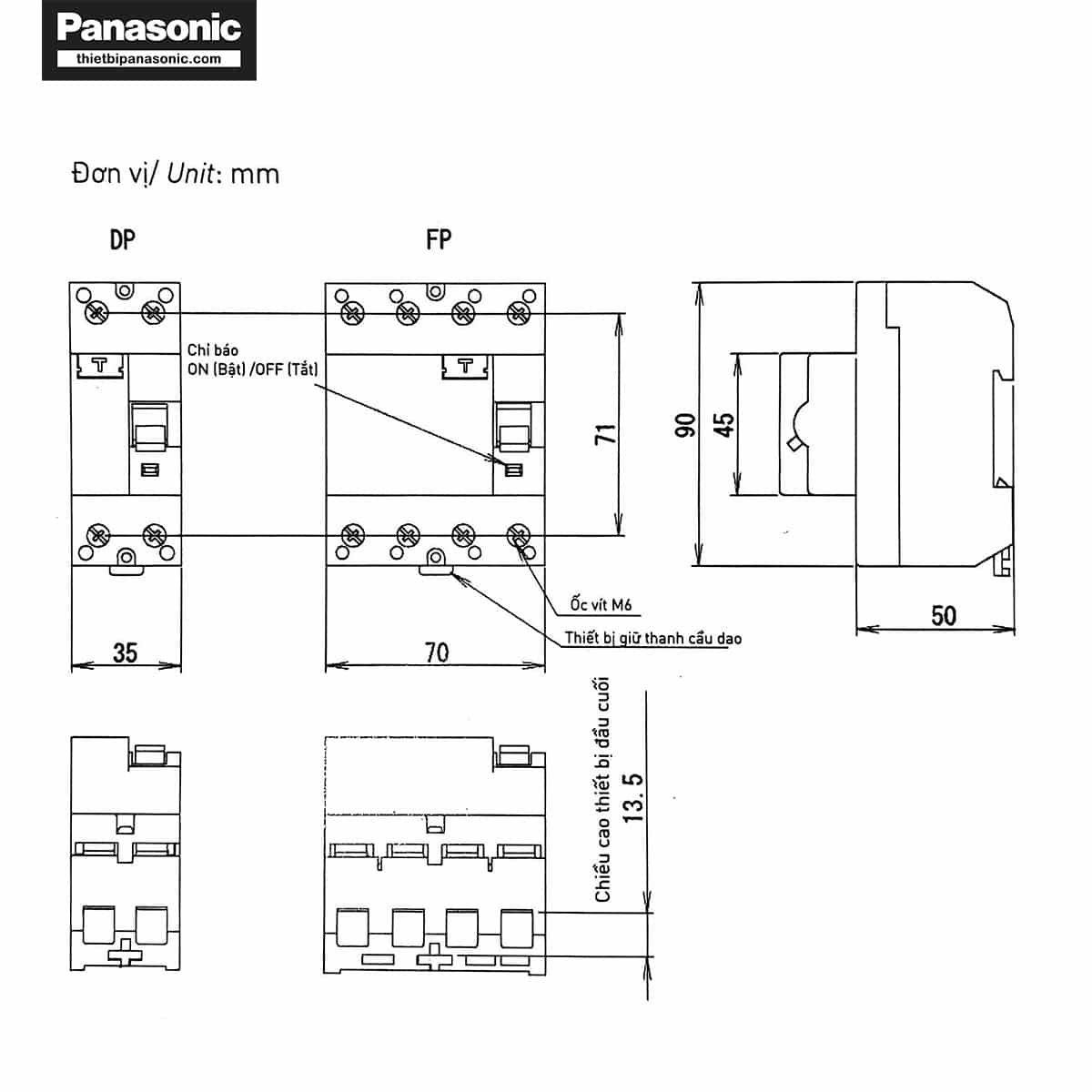 Bản vẽ kích thước chi tiết của RCCB Panasonic 63A 2P BBDR26330HV